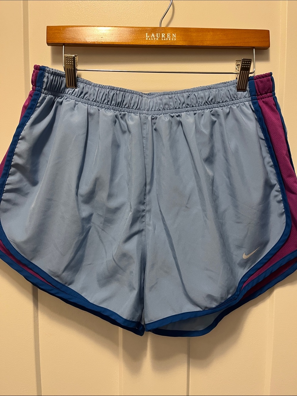 Nike Women's Light Blue Athletic Shorts with Pink and Blue Trim